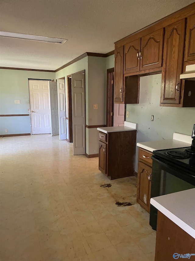 kitchen with black electric range oven and ornamental molding