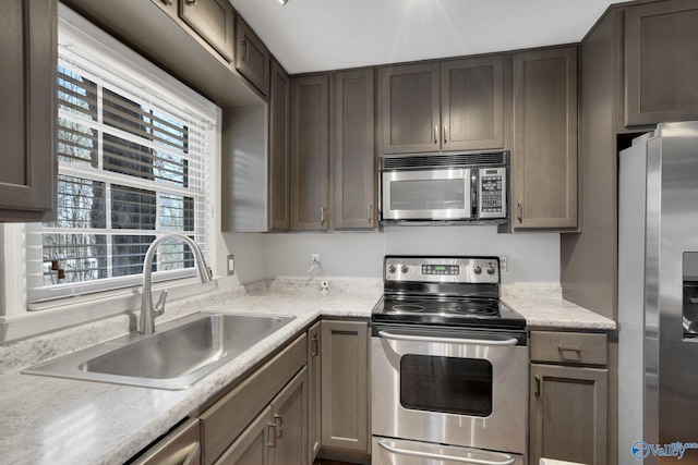 kitchen with stainless steel appliances, a sink, and dark brown cabinetry