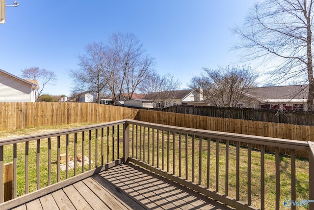 deck featuring a fenced backyard and a lawn