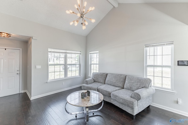 living room with beamed ceiling, baseboards, an inviting chandelier, and dark wood-style flooring