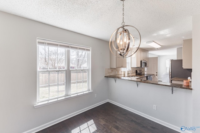 kitchen featuring a wealth of natural light, dark wood-style floors, tasteful backsplash, and appliances with stainless steel finishes