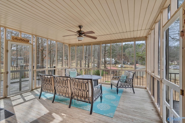 sunroom / solarium featuring a ceiling fan and wooden ceiling