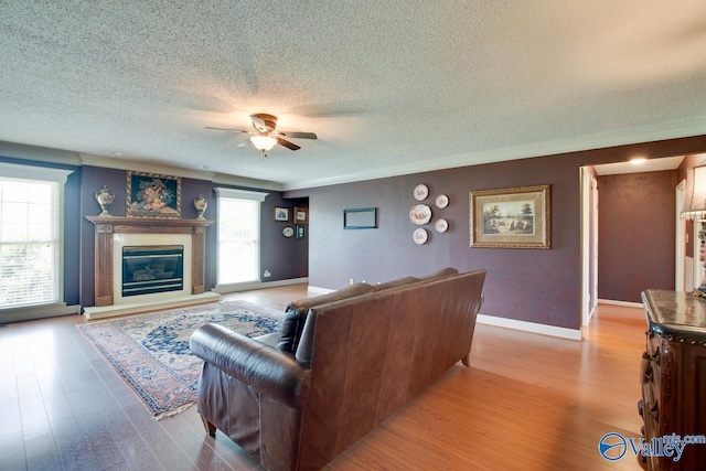 24430 Chadwick Dr, Athens, AL 35613 - living area with a glass covered fireplace, a ceiling fan, a textured ceiling, light wood-style flooring, and crown molding