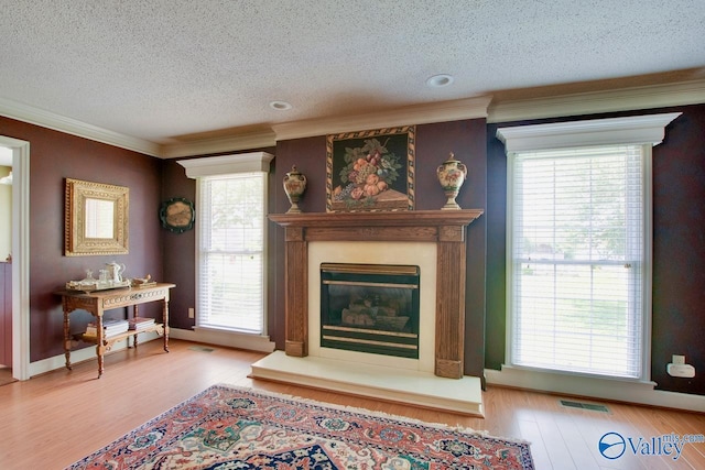 24430 Chadwick Dr, Athens, AL 35613 - living room with a textured ceiling, crown molding, a glass covered fireplace, wood finished floors, and plenty of natural light