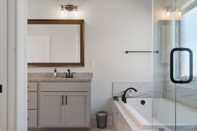 bathroom with vanity and plus walk in shower