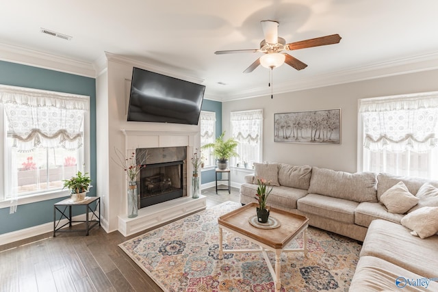 202 Maureen Dr, Madison, AL 35756 - living area featuring a ceiling fan, ornamental molding, a fireplace, wood finished floors, and baseboards
