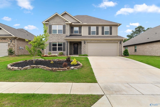 103 Gander Cir, Owens Cross Roads, AL 35763 - craftsman-style home with a front lawn, driveway, brick siding, board and batten siding, and an attached garage