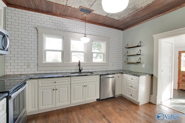 kitchen with appliances with stainless steel finishes, white cabinetry, wood ceiling, and sink