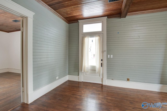 foyer with beamed ceiling, dark wood-type flooring, wood walls, and wooden ceiling