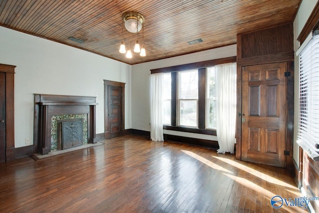 unfurnished living room with wood ceiling, dark hardwood / wood-style flooring, a chandelier, and a fireplace