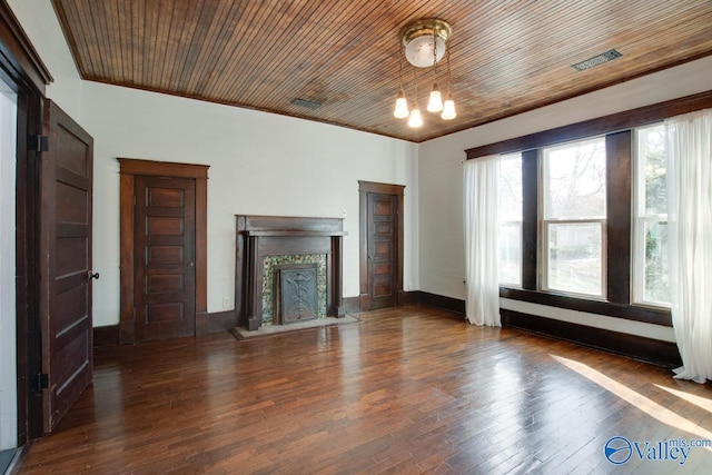 unfurnished living room with a premium fireplace, a chandelier, wooden ceiling, and dark hardwood / wood-style floors