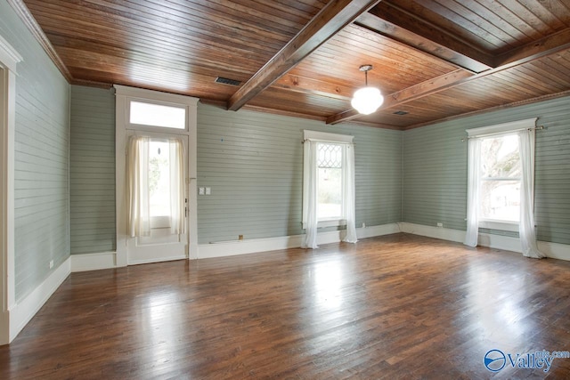 unfurnished room with dark wood-type flooring, wood ceiling, and plenty of natural light