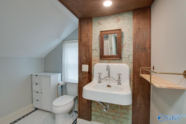 bathroom featuring toilet, sink, and lofted ceiling