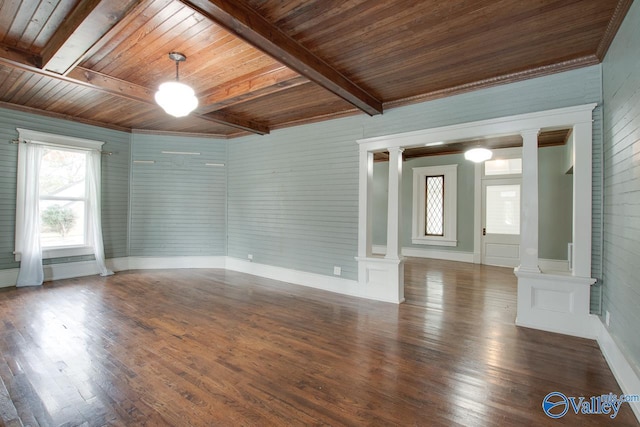 spare room featuring beam ceiling, wood ceiling, and dark hardwood / wood-style flooring