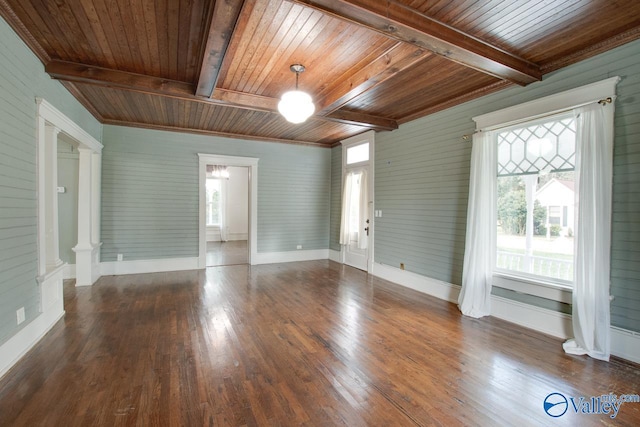 unfurnished living room with dark wood-type flooring, beam ceiling, a wealth of natural light, and wood ceiling