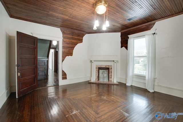 unfurnished living room with wood ceiling, a brick fireplace, and dark hardwood / wood-style floors