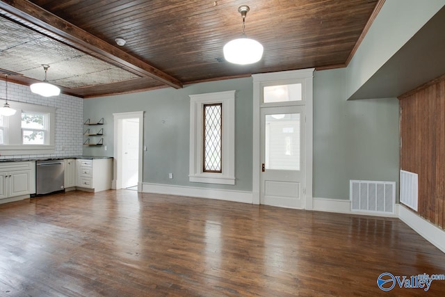 interior space featuring dark hardwood / wood-style flooring and wood ceiling