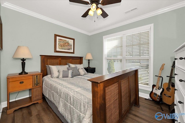 bedroom featuring ceiling fan, crown molding, and dark wood-type flooring