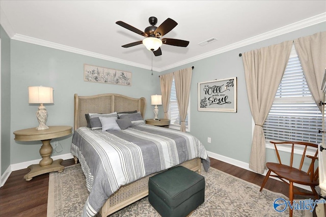 bedroom featuring wood-type flooring, ceiling fan, and ornamental molding