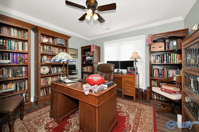 home office featuring dark hardwood / wood-style flooring, ceiling fan, and crown molding