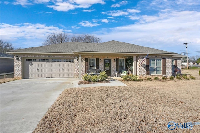 ranch-style home with covered porch and a garage