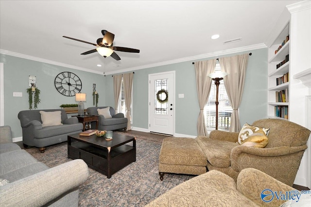 living room with ceiling fan, crown molding, and dark hardwood / wood-style floors