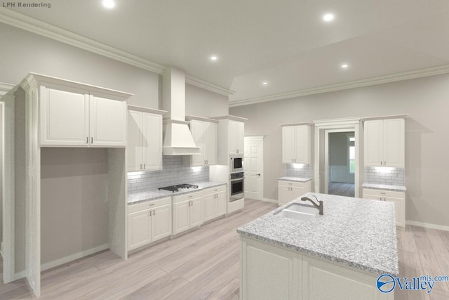 kitchen featuring light wood-style flooring, gas stovetop, oven, a sink, and crown molding