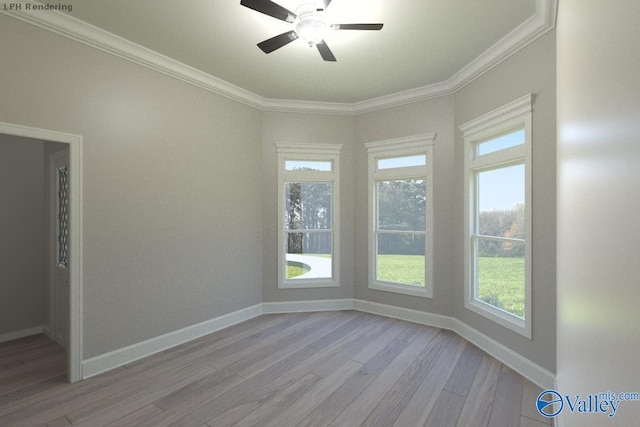 spare room with baseboards, a ceiling fan, light wood-style floors, and ornamental molding