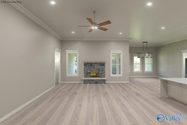 unfurnished living room with baseboards, light wood-style floors, a stone fireplace, and crown molding