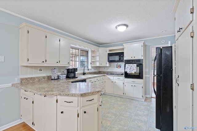302 Cherry St NW, Hartselle, AL 35640 - kitchen featuring black appliances, a peninsula, a textured ceiling, crown molding, and open shelves