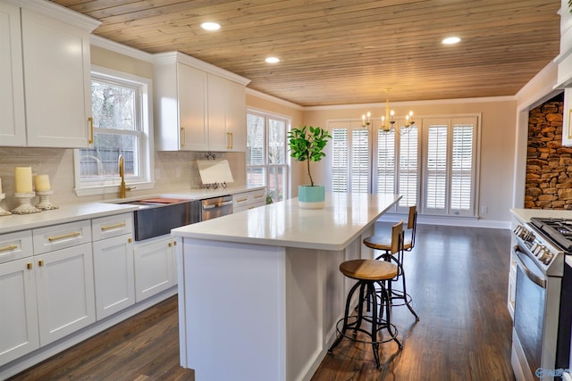 kitchen with white cabinetry, a kitchen island, stainless steel appliances, and pendant lighting