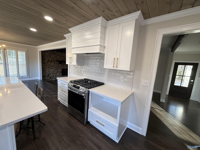 kitchen with white cabinetry, gas range, premium range hood, wooden ceiling, and crown molding