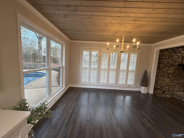 unfurnished dining area featuring a notable chandelier, ornamental molding, wood ceiling, and dark hardwood / wood-style floors