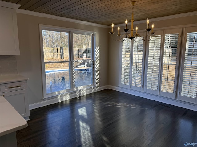 unfurnished dining area featuring ornamental molding, an inviting chandelier, plenty of natural light, and wood ceiling