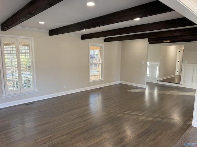 unfurnished living room featuring dark hardwood / wood-style flooring and beamed ceiling