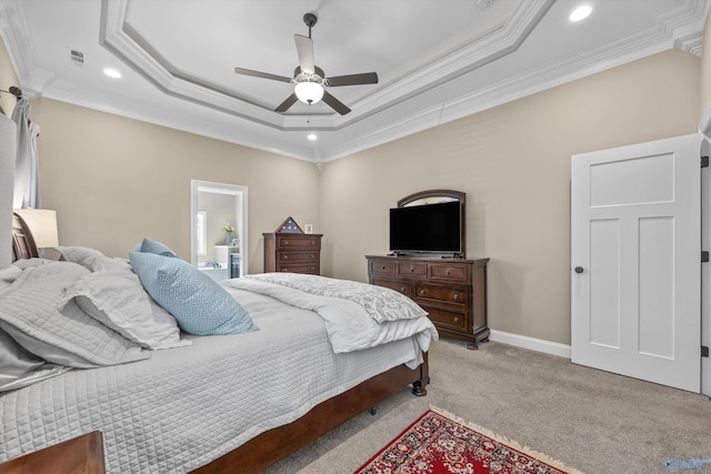 bedroom with light carpet, baseboards, visible vents, a raised ceiling, and crown molding