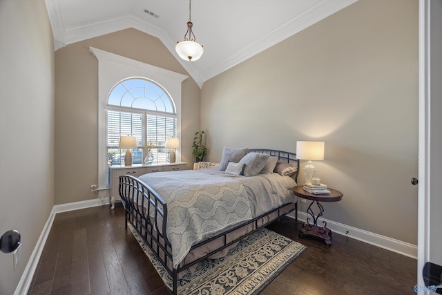 bedroom featuring lofted ceiling, crown molding, baseboards, and dark wood-type flooring