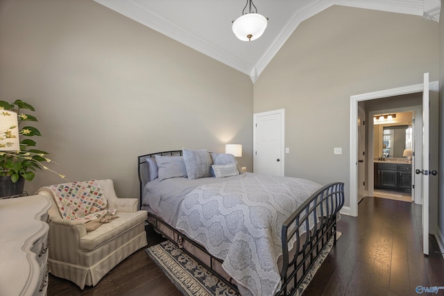 bedroom with high vaulted ceiling, dark wood-style flooring, crown molding, and baseboards