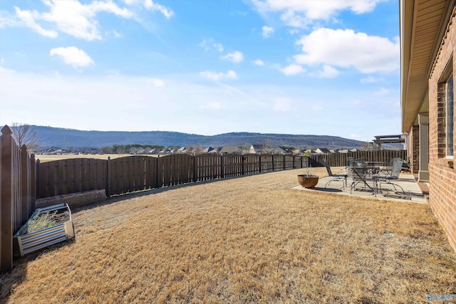 view of yard with a patio area, a fenced backyard, and a mountain view