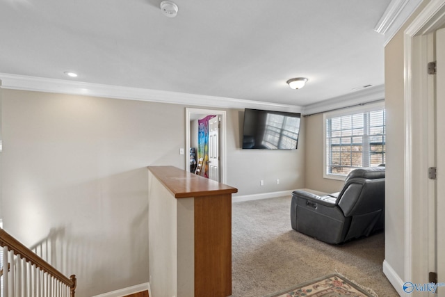 interior space with carpet flooring and crown molding