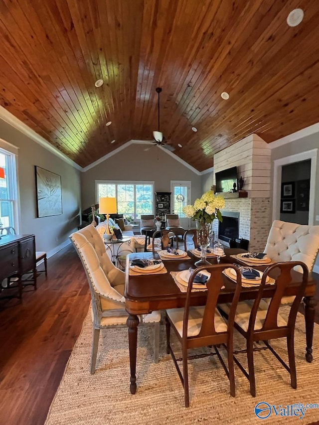 dining room featuring ceiling fan, wooden ceiling, lofted ceiling, and wood-type flooring