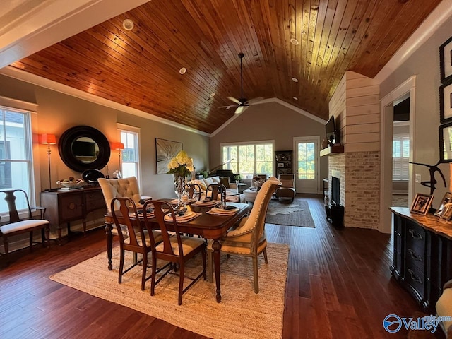 dining area with wooden ceiling, ceiling fan, dark wood-type flooring, a brick fireplace, and lofted ceiling