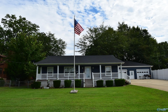 ranch-style home featuring a porch, a garage, and a front lawn