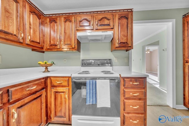 kitchen with ornamental molding, light countertops, white electric stove, and under cabinet range hood