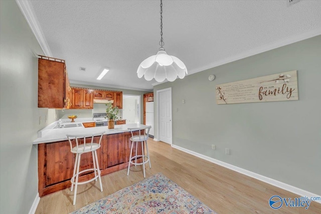 kitchen with brown cabinetry, freestanding refrigerator, a textured ceiling, light wood-type flooring, and under cabinet range hood