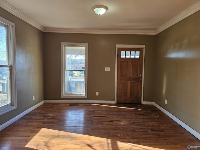 foyer featuring plenty of natural light, dark hardwood / wood-style flooring, and crown molding