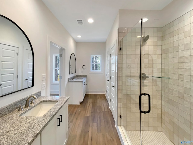 bathroom featuring vanity, wood-type flooring, and walk in shower