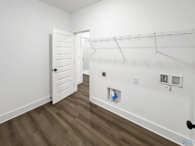 laundry room with hookup for a washing machine, hookup for an electric dryer, laundry area, dark wood-style flooring, and baseboards