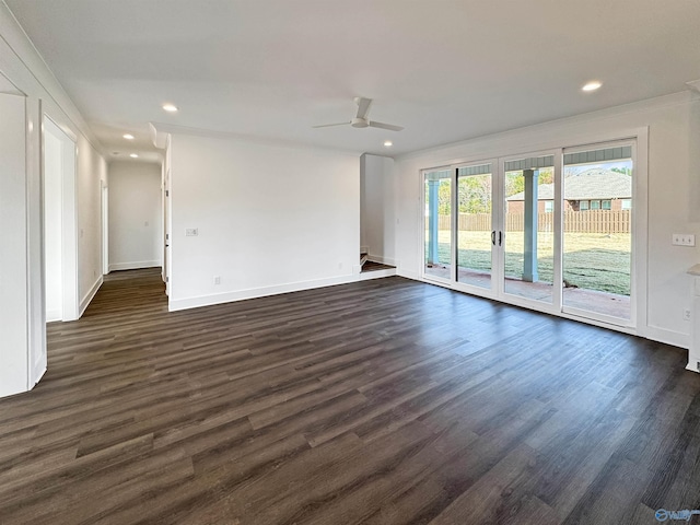 empty room with dark wood-style floors, ceiling fan, baseboards, and recessed lighting