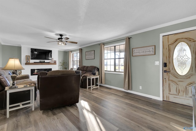 living room featuring crown molding, a large fireplace, ceiling fan, and wood-type flooring